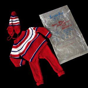 Vintage 1970s Toddler 3 Piece Set Sweater Pants Hat Winter Red White Blue Knit